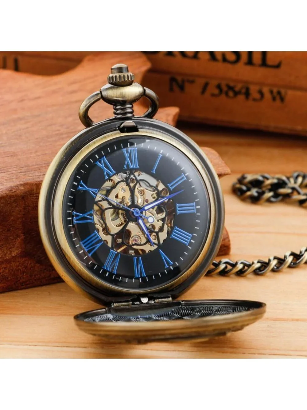 Men's Gold Bronze Wild Animals Skeleton Roman Numerals Mechanical Pocket Watch